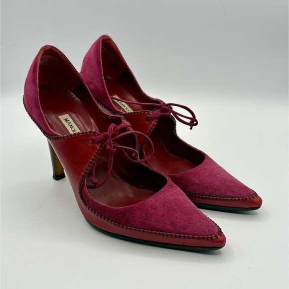 Manolo Blahnik Pink & Red Pointed Toe Heels Suede w/ Tie Accent Vintage Sz EU 37 - Picture 4 of 13